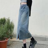 Zoki Vintage Slit Women Denim Midi Skirt  Harajuku High Waist Preppy Style A Line Jeans Skirts Loose Streetwear Skirt Ne