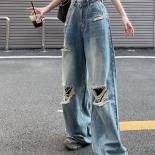 Zoki Hole Streetwear Jeans Women Hip Hop Hollow Out Loose Y2k Trousers  Retro High Waist Casual Bf Harajuku Denim Pants