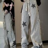 Zoki Star Embroidery Women Streetwear Jeans Retro Hip Hop Tassel  Denim Pants High Waist Loose Straight Casual Trousers