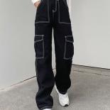 Zoki Streetwear Women Cargo Jeans Spring Pockets High Waist Black Denim Pants Fashion Hip Hop Loose Female Wide Leg Pant