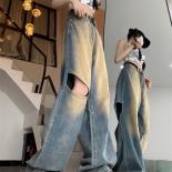 Zoki Retro Hole Women Streetwear Jeans High Waist Hip Hop  Denim Trousers Casual Vintage Loose Harajuku Wide Leg Pants