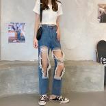 Zoki Large Size Women Jeans Fashion Hole Tassel High Waist Anklelength Denim Pants Straight Legs Blue Loose Tassel Rippe