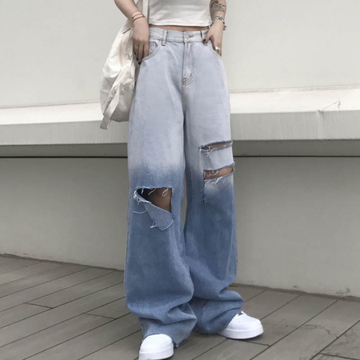 Zoki Streetwear Women Jeans Fashion Hole High Waist Gradient Blue Straight Denim Pants Casual Loose High Street Baggy Je