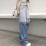 Zoki Streetwear Women Jeans Fashion Hole High Waist Gradient Blue Straight Denim Pants Casual Loose High Street Baggy Je