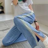 Zoki Harajuku Striped Slit Wide Leg Denim Pants Women Summer Thin High Waist Baggy Jeans Fashion Lace Up Female Casual T