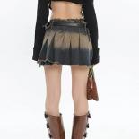 Zoki Gothic  Pleated Denim Skirt Women Streetwear Vintage High Waist Y2k Irregular Skirt  Fashion Distressed Skirt