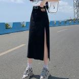 Zoki High Waist Women Denim Skirt Split Fashion A Line Streetwear Jeans Long Skirt  Black Summer Causal Ladies Faldas  S