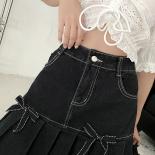Zoki Denim Women Pleated Skirt High Waist Summer Black Bow A Line Mini Skirt Vintage Harajuku Casual Pocket Jeans Girls 