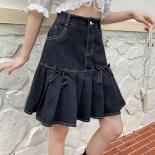 Zoki Denim Women Pleated Skirt High Waist Summer Black Bow A Line Mini Skirt Vintage Harajuku Casual Pocket Jeans Girls 