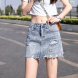 Zoki Ripped Women Denim Skirt Summer High Waist Lined Jean Mini Skirt  A Line Casual Tassel Fashion Pocket Short Skirts 
