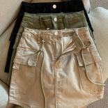 Zoki Fashion  Denim Mini Cargo Skirt Women Summer High Waist Drawstring Big Pockets Jeans Skirt Preppy Style Casual Skir