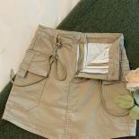 Zoki Fashion  Denim Mini Cargo Skirt Women Summer High Waist Drawstring Big Pockets Jeans Skirt Preppy Style Casual Skir