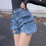 Zoki  Hollow Out Streetwear Denim Shorts Women High Waist Retro Casual Shorts Summer Slim All Match Pockets Denim Shorts