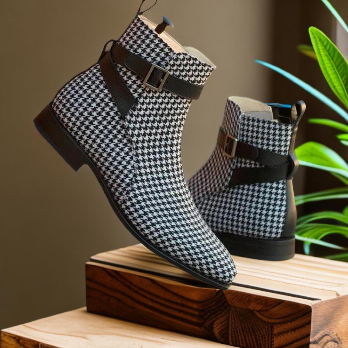 61 98 Bottines pied de poule noires et blanches pour hommes