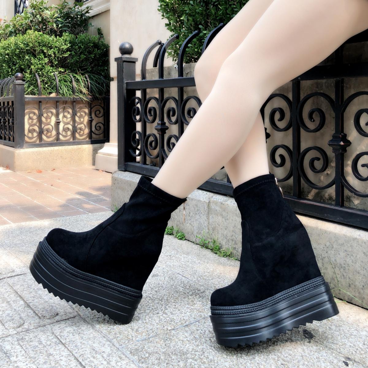 Wedges Inside Increased Womens Boots Thick Sole Short Boots Waterproof Platform High Heel Middle Tube Boots  Women Boots