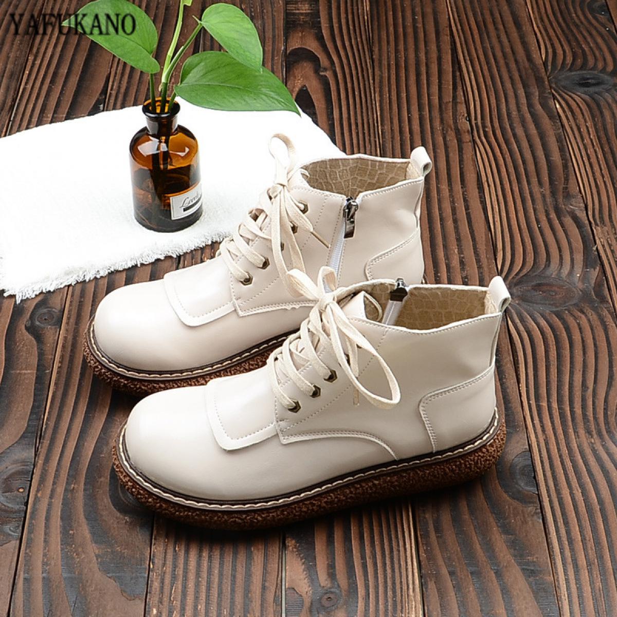  Style Thicksoled Big Head Doll Shoes Round Toe Laceup Retro Flat Women Boots Mori Girl Literary Casual Ankle Boots  Wom