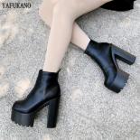 14 Cm Fashion Black Thick Heel Short Boots Spring Autumn Soft Leather Platform Boots Womens Dress Party Ankle Boots High