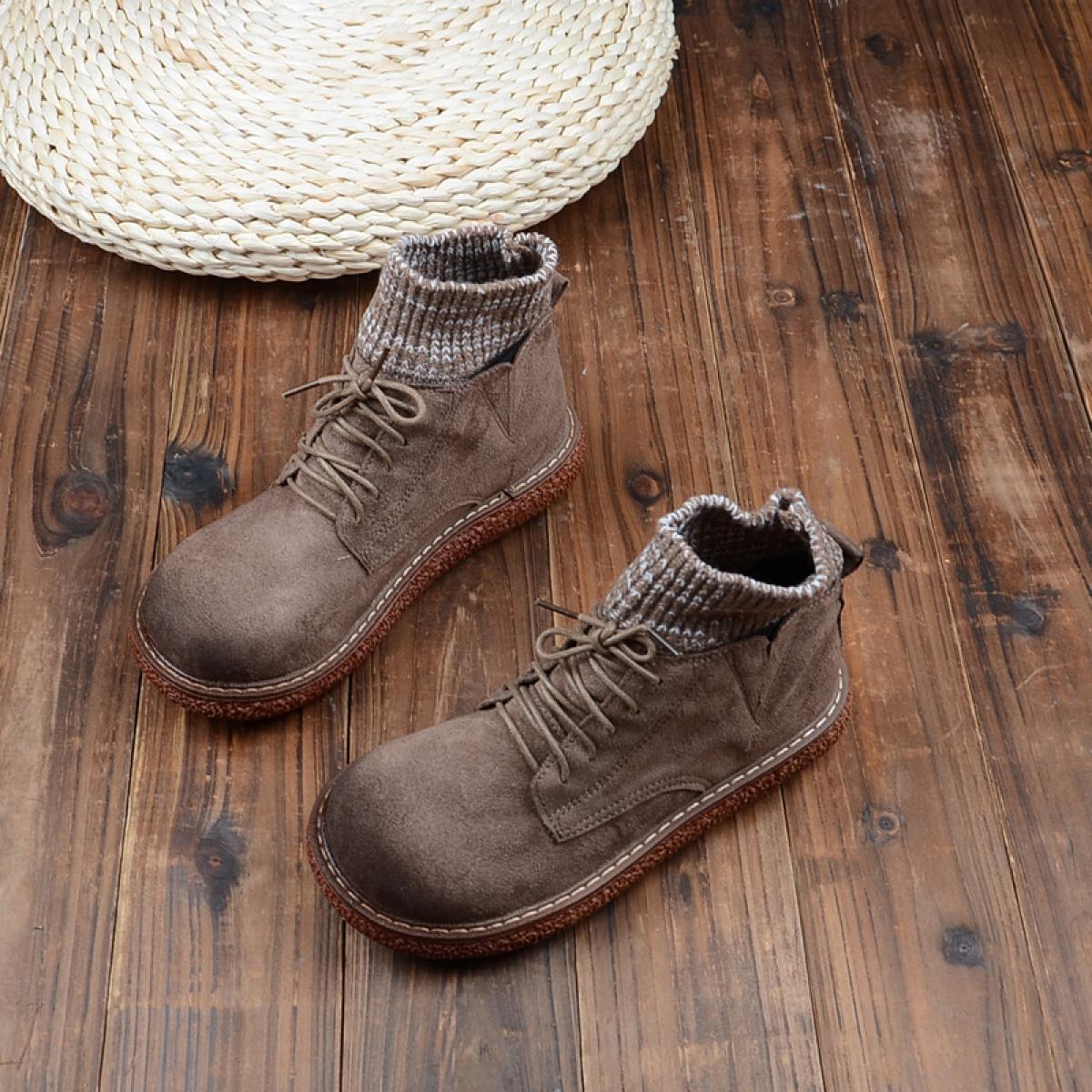 Mori Retro Wool Mouth Socks Canister Short Boots Casual Suede Thick Sole Big Head Women Boots Students Ankle Boots Women