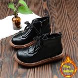Retro  Martin Boots British Thicksoled Bighead Leather Shoes Plus Velvet Round Toe Short Boots Mori Girl Ankle Boots  Wo