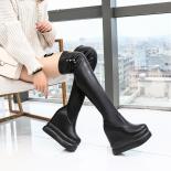 Thick Bottom Within Increase Long Boots 13cm Wedges Overtheknee Boots Personality Rivet Stretch High Boots  Women's Boot