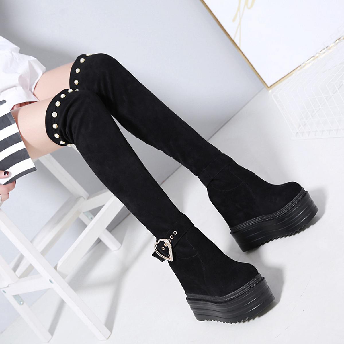 Over The Knee Boots Lady 2023 New 13cm Wedges Increase Within Long Boots Thin Legs Stretch Womens Boots  Elegant High Bo
