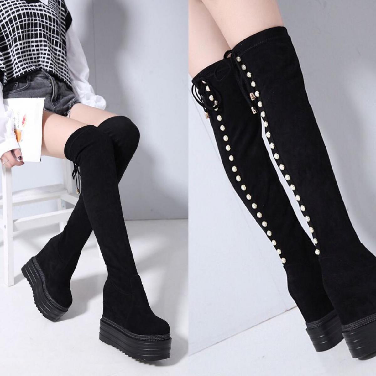 Winter New Increase Within Wedges Over The Knee Boots Thick Sole Long Boots 13cm Pearl High Heel Womens Boots Elegant Hi