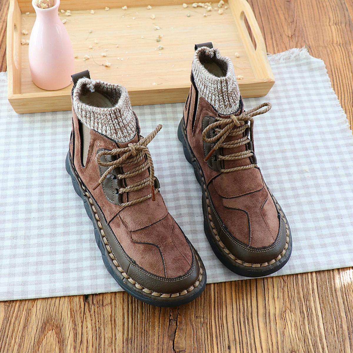 Handstitched Short Boots College Wind Plus Velvet Cotton Boots Mori Girl Literary Retro Warm Ankle Boots Wool Tube Women