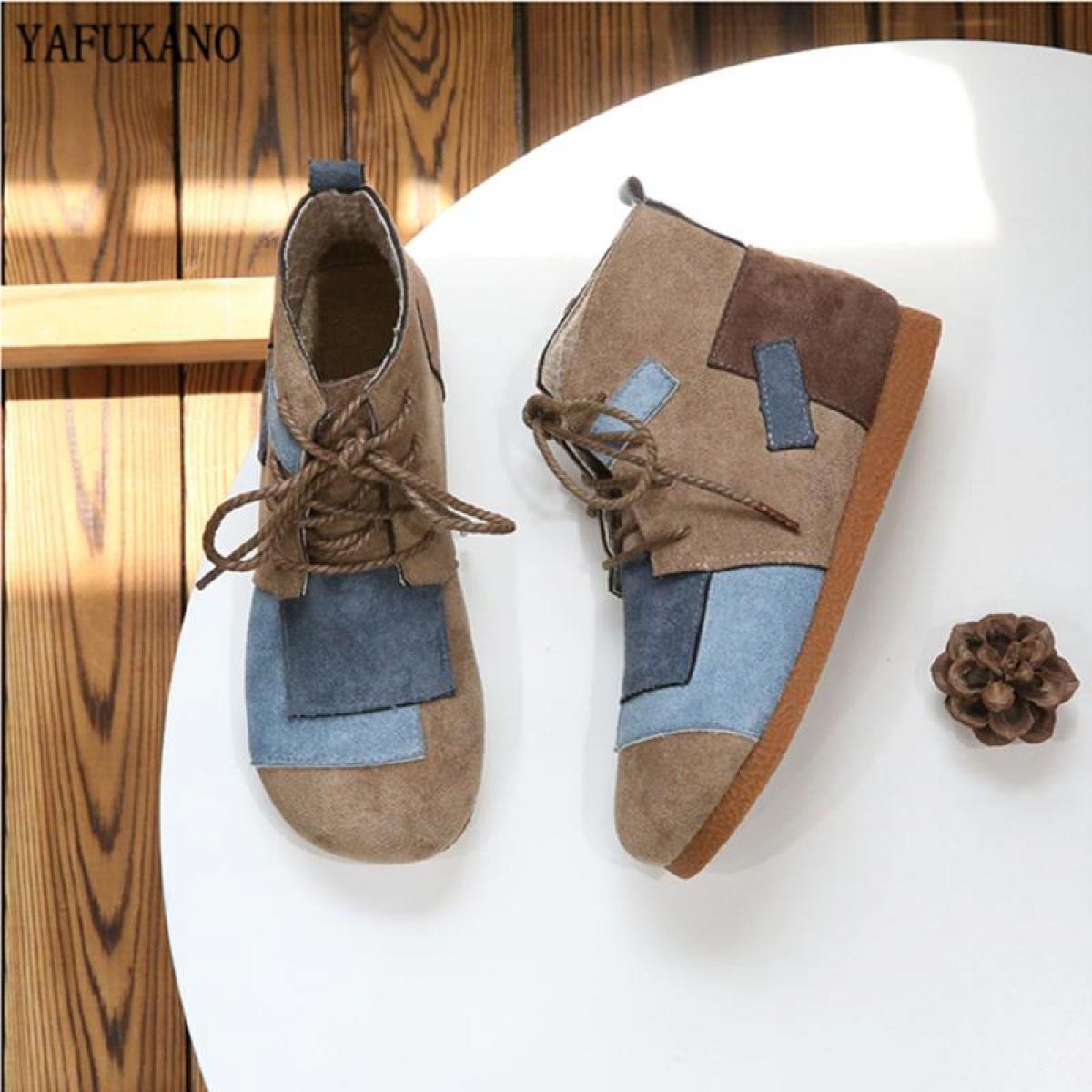 Mori Girl Literary Retro Patch Color Matching Round Toe Flat Women Shoes Handmade Comfort Soft Bottom Women Boots Ankle 