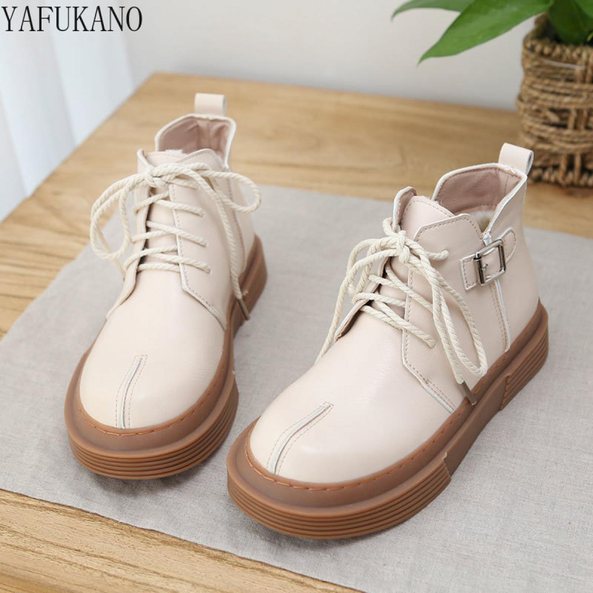 Literary Retro Big Head Women Boots Thick Sole Lace Up Casual Warm Cotton Boots Original Handmade Short Boots Women Ankl