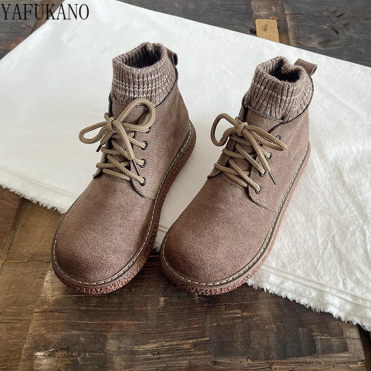 Literary Retro Wool Mouth Short Boots Mori Handmade Platform Ankle Boots Suede Fur Warm Women Boots Thick Sole Big Head 