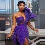 Sparkly Purple Long Evening Dresses African Women Beading Prom Dress  Slit One Shoulder Feathers Vestidos Formal Party G