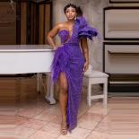 Sparkly Purple Long Evening Dresses African Women Beading Prom Dress  Slit One Shoulder Feathers Vestidos Formal Party G