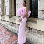 Elegant Pink Tiered Evening Dress Strapless Big Flowers Prom Gowns Sequined Sheath Formal Evening Party Dresses