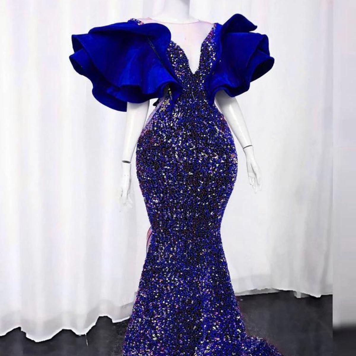 Glitter Sequins Mermaid Evening Gowns Elegant 2023 Ruffles Puffy Sleeves Sheer Neck Women South Africa Prom Dress Robe D