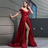 Wine Red Off Shoulder Evening Dresses A Line Lady  Side Slit Satin Sleeveless Prom Gowns Wedding Party Welcome Dress Rob