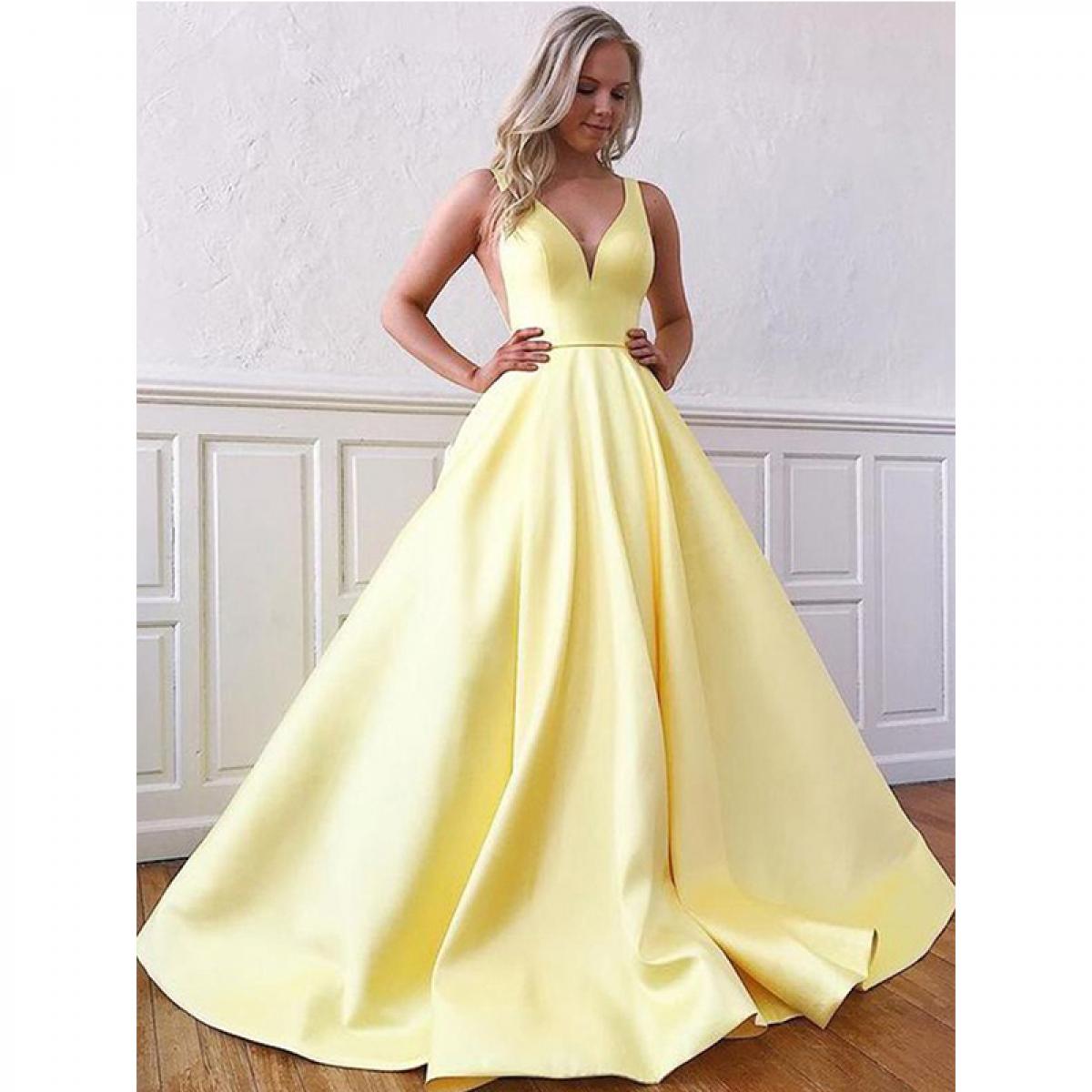 Yellow Double Shoulder Evening Dresses Satin Pleated A Line Prom Gowns Sleeveless Fashion Celebrity 2023 Formal Party Ro