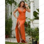 Orange Mermaid  V Neck Evening Dresses Double Shoulder Ribbon Formal Party Pleated Side Split Women's Backless Prom Gown