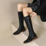 Autumn Winter Women Knee High Boots Fashion Buckle Low Heels Genuine Leather Shoes Woman Outdoor Casual Popular Newest  