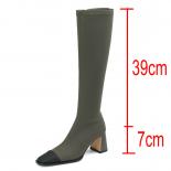 Office Ladies High Heels Knee High Boots Patchwork Cow Leather Stretch Fabric Square Toe Autumn Winter Shoes Woman Size 
