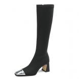 Office Ladies High Heels Knee High Boots Patchwork Cow Leather Stretch Fabric Square Toe Autumn Winter Shoes Woman Size 