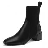 Genuine Leather Slip On Short Sock Boots Elastic Band Autumn Winter Ankle Boots Square High Heel Women Shoes Size 3442  