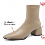 2024 High Heels Women Ankle Boots Genuine Leather Slip On Square Toe Work Shoes Woman Autumn Winter Size 34 40