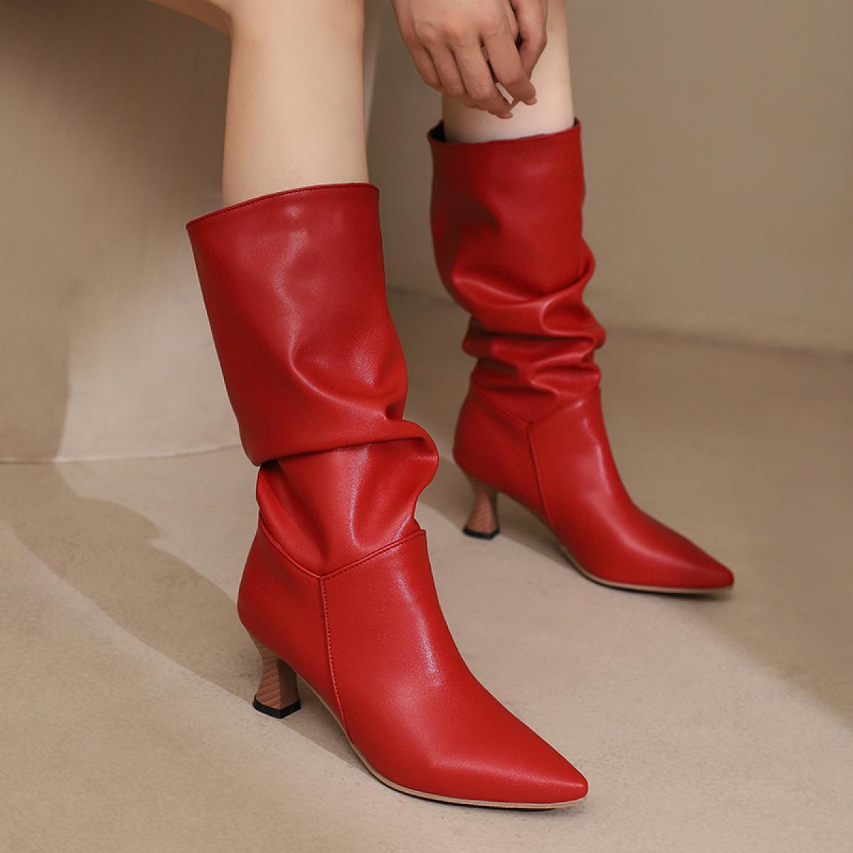 Folds Boots Woman Fashion New Poined Toe Shoes Lady Daily Long Boots 5cm High Heels Boots Women Size 43