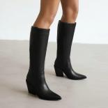 2024 New Women Knee Boots Dress Office Ladies Flock Thick High Heels Pointed Toe Shoes Woman Classic Size 34 43