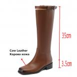 2024 Low Heels Women Knee High Boots Autumn Winter Square Toe Shoes Woman Genuine Leather Office Lady Size 34 43