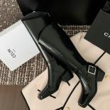2023 Women Knee High Boots Autumn Winter Fashion Buckle Genuine Leather Square Toe High Heels Casual Party Shoes Woman  