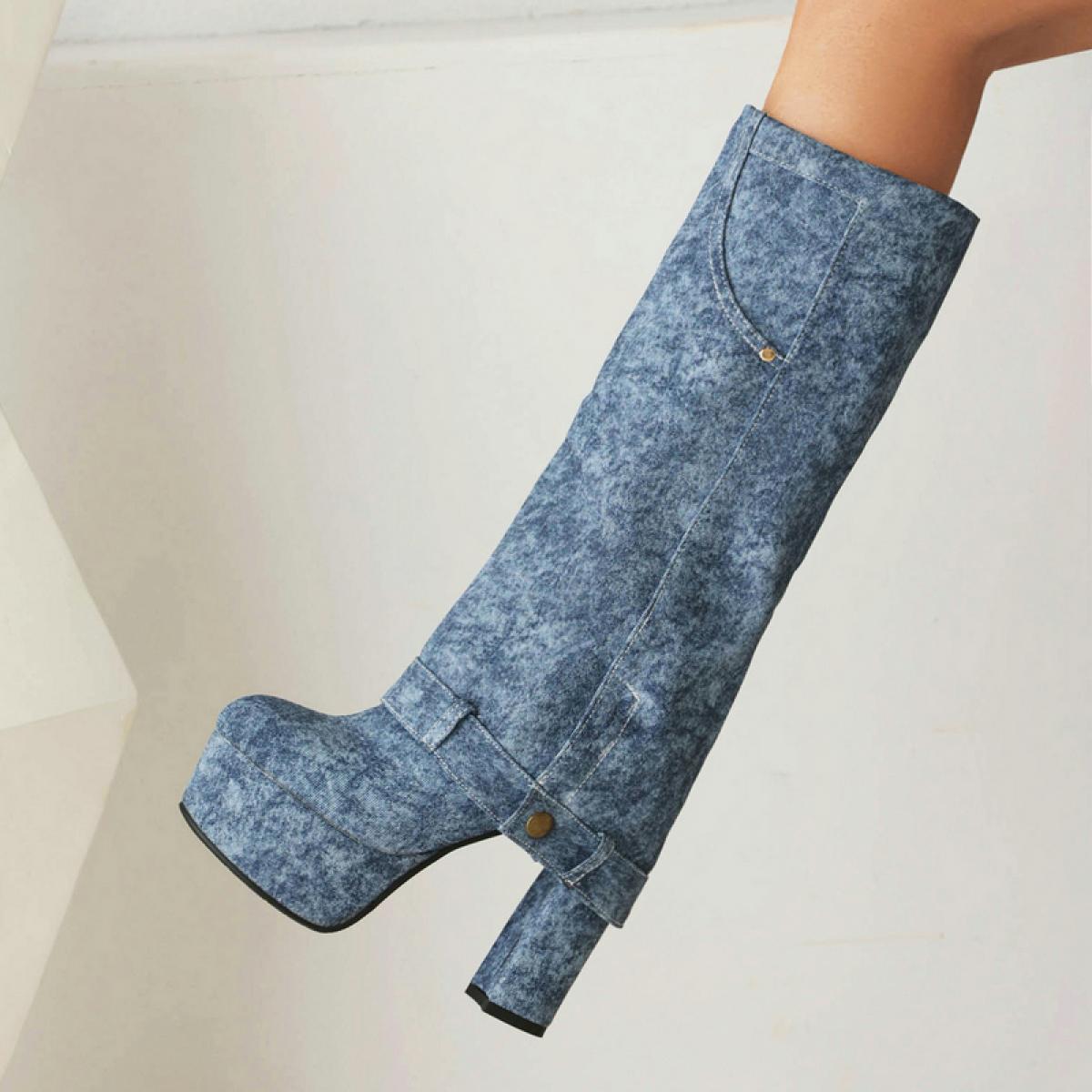 74 60 US Moda mujer hasta la rodilla botas de invierno Denim