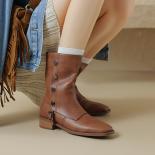 2024 Women Mid Calf Boots Med Heels Genuine Leather Western Short Boots Casual Office Lady Autumn Winter Shoes Size 34 4