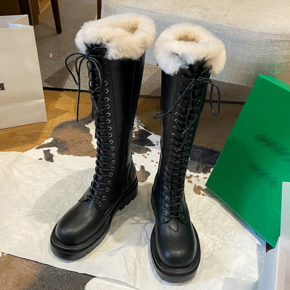 Warm Thick Plush Women Knee High Boots Winter Leisure Round Toe Platform Fashion Lace Up Platform Shoes 2022 Newest Size