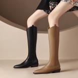 Genuine Leather Sweing Women Knee High Boots Fashion Popular Concise Autumn Winter Pointed Toe Thick Low Heels Shoes Wom